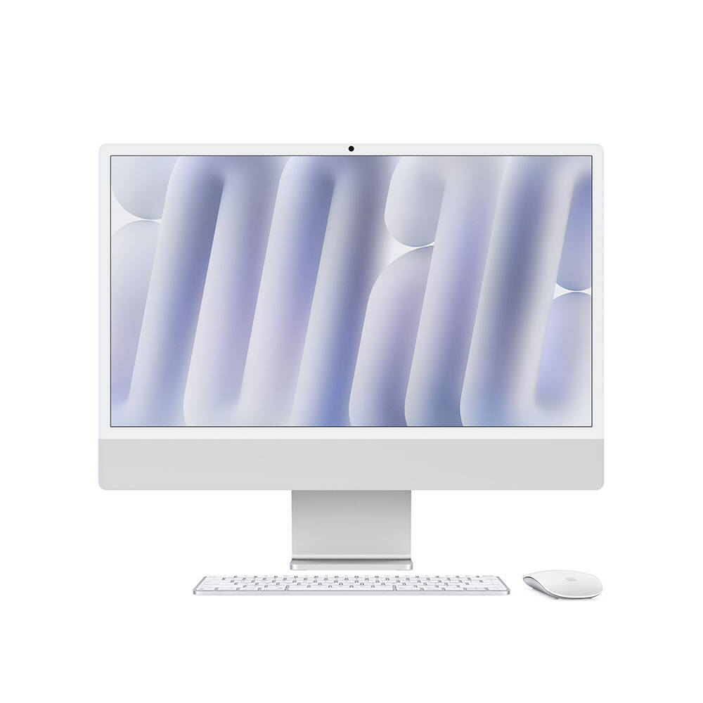 front view of iMac with keyboard and mouse in foreground